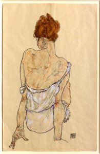 Egon Schiele, Femme assise en sous-vêtements, 1917, gouache, aquarelle et crayon, 45,7 x 29,4 cm, galerie Gradiva