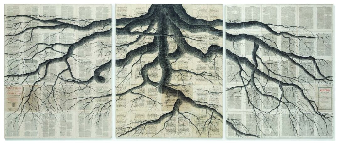 Tindar, Prise de conscience sur les religions, 2017, crayon sur pages anciennes, 207 x 350 cm