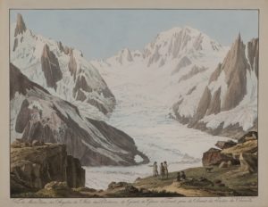 (Genève 1766 – 1843) Vue du Mont-Blanc, des Aiguilles du Midi, des Blaitieres, du Géant, du Glacier du Tacul, prise du Sommet du Rocher du Couvercle Gravure au trait à l’eau-forte et à l’aquatinte aquarellée sur papier vélin, vers 1800 36 x 47,6 cm In Artpassions Web
