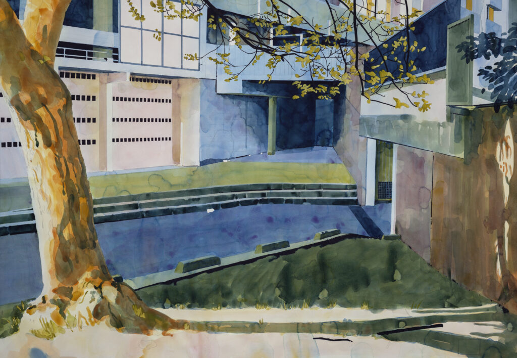 Yvan Salomone, (titre de l'aquarelle), aquarelle 97 × 138 cm. Exposition 26¹¹ à la Galerie Sonia Zannettacci, Genève.