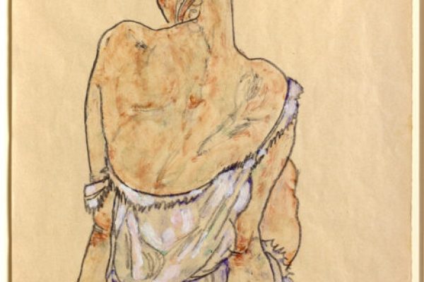 Egon Schiele, Femme assise en sous-vêtements, 1917, gouache, aquarelle et crayon, 45,7 x 29,4 cm, galerie Gradiva