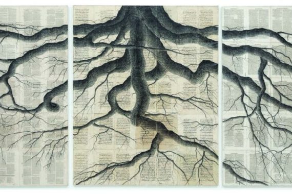Tindar, Prise de conscience sur les
religions, 2017, crayon sur pages
anciennes, 207 x 350 cm