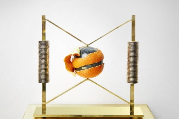 YARISAL & KUBLITZ Another Peel Another Deal, 2014 fired clay, labradorite stone, coins, brass 24 x 13 x 26 cm