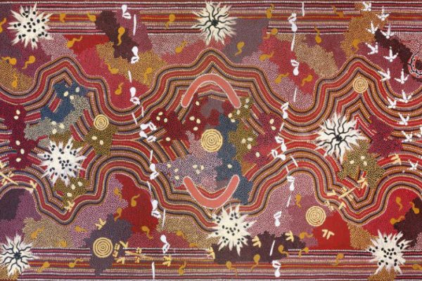 Clifford Possum Tjapaltjarri
(v.1932-2002, Australie)
Groupe linguistique : Anmatyerre
Yuutjutiyungu / Territoire
autour du Mont Allan, 1997
Acrylique sur toile de lin
© 2020, ProLitteris, Zurich.
Photo : © Vincent Girier-Dufournie