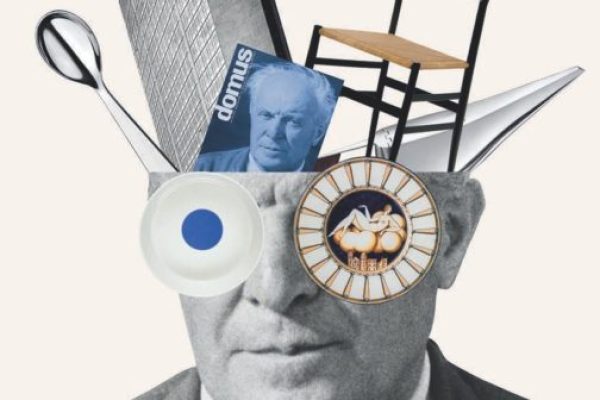Affiche de la rétrospective signée Italo Lupi, avec un Gio Ponti fourmillant d’idées. On y reconnaît trois créations emblématiques, la chaise Superleggera, la tour Pirelli et la revue Domus.