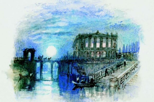 Une Villa. Clair de lune (Une villa un soir de bal) pour L’Italie de Samuel Rogers, vers 1826-
 1827, crayon et encre, graphite et aquarelle sur papier, 24,6 x 30,9 cm Tate, accepté par la nation dans le cadre du legs Turner 1856 
Photo © Tate